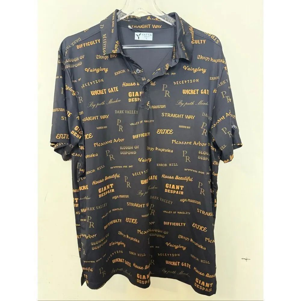 Yatta Golf Black Gold Typography Polo Shirt Mens Large Golf Performance Stretch